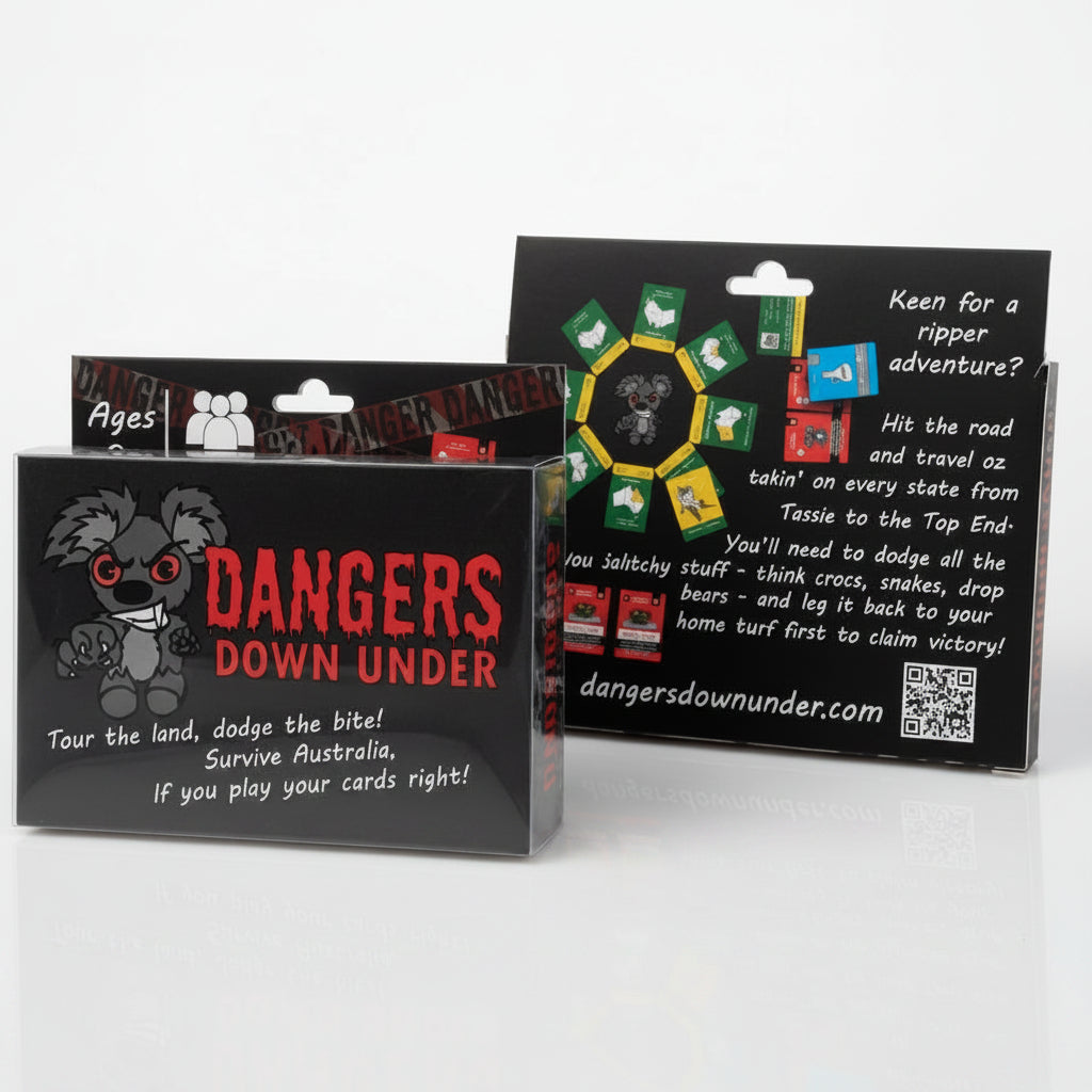 Danger Down Under card game packaging shown on a white background, including the front box and an inner card displaying game text and game layout.